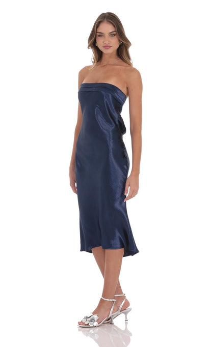 Lucy In The Sky Strapless Satin Open Back Midi Dress in Navy
