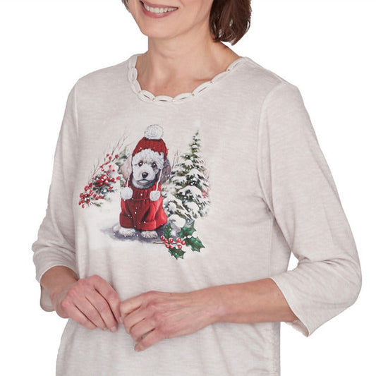 Alfred Dunner Women's Festive Poodle Drawstring Top