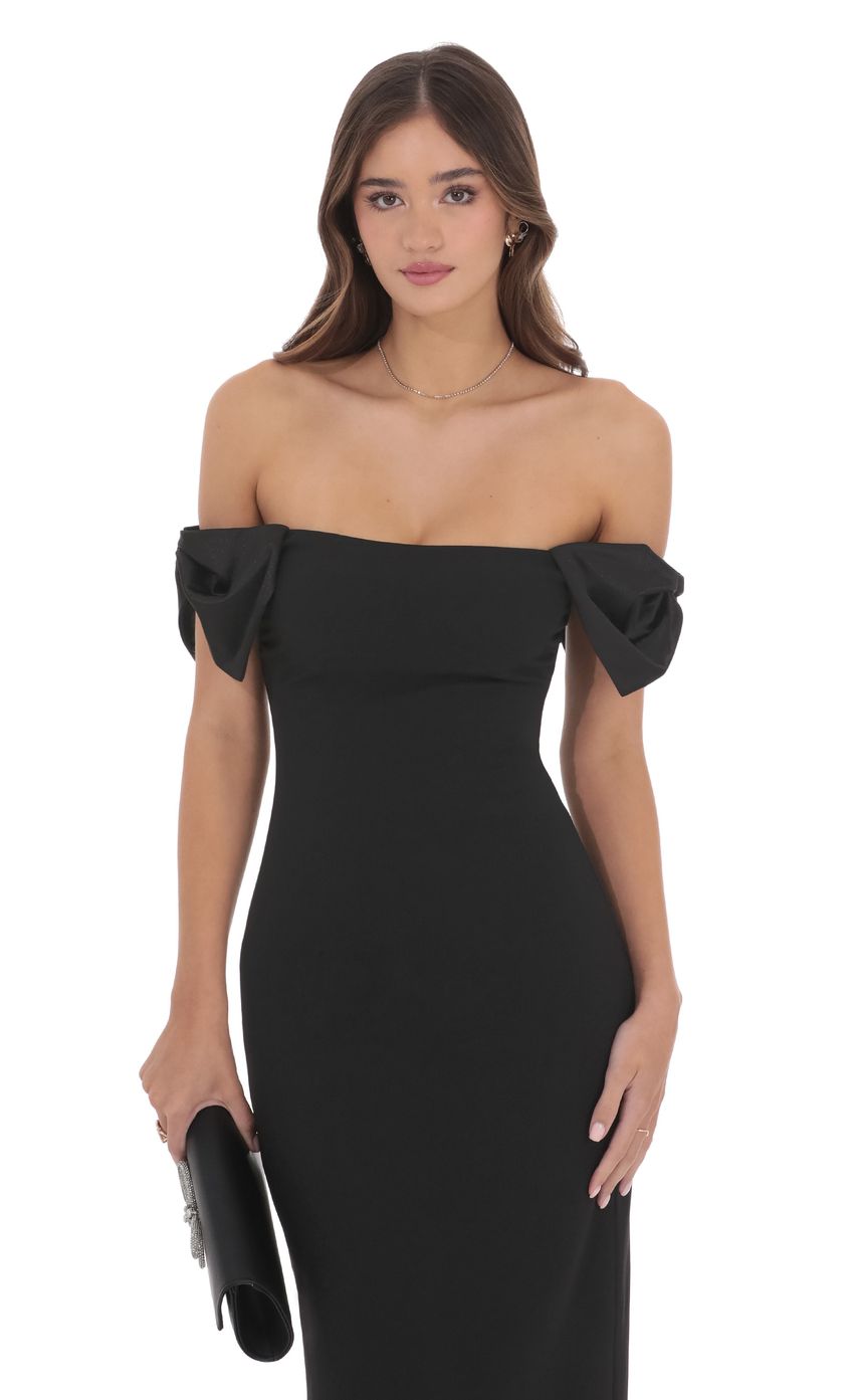 Lucy In The Sky Off Shoulder Bow Sleeve Maxi Dress in Black
