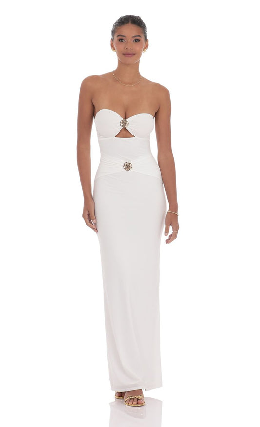 Lucy in the Sky Golden Rose Cutout Maxi Dress in White