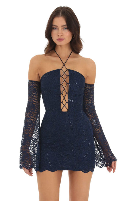 Lucy In The Sky Lace Sequin Off Shoulder Dress in Navy