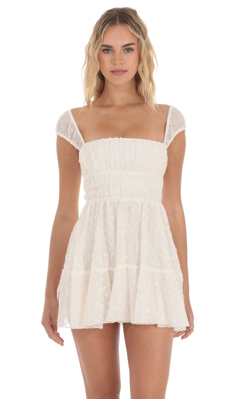 Lucy In The Sky Chiffon Eyelet Cap Sleeve Dress in Cream