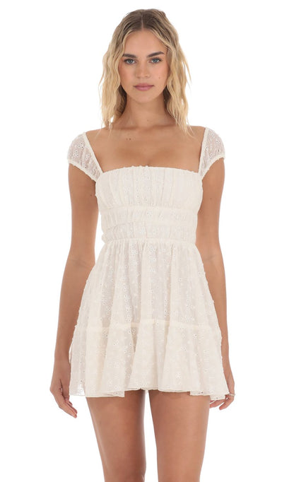 Lucy In The Sky Chiffon Eyelet Cap Sleeve Dress in Cream