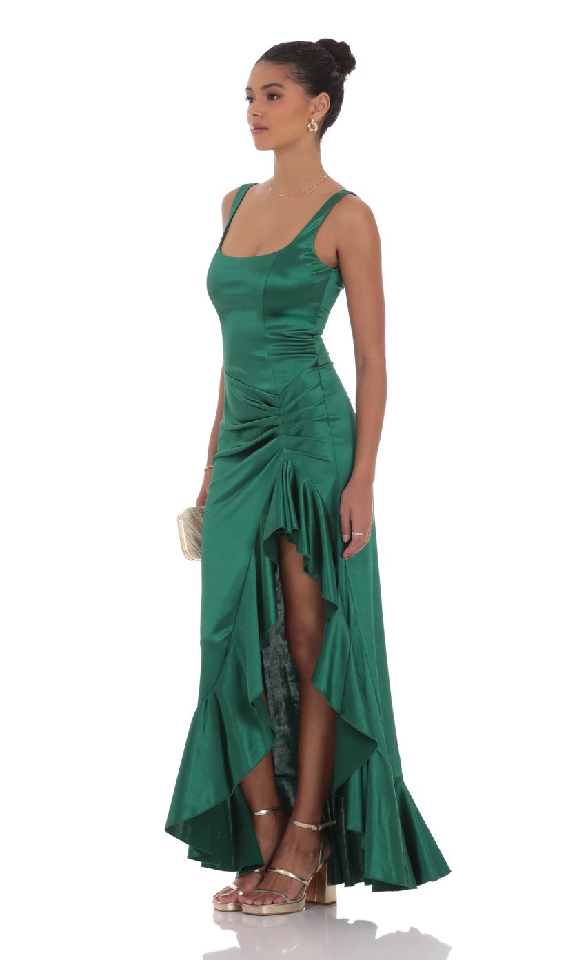 Lucy In The Sky Satin Ruched Ruffle Slit Maxi Dress in Green