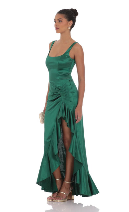 Lucy In The Sky Satin Ruched Ruffle Slit Maxi Dress in Green