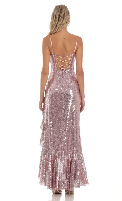 Lucy In The Sky Sequin Ruffle Dress in Rose Gold