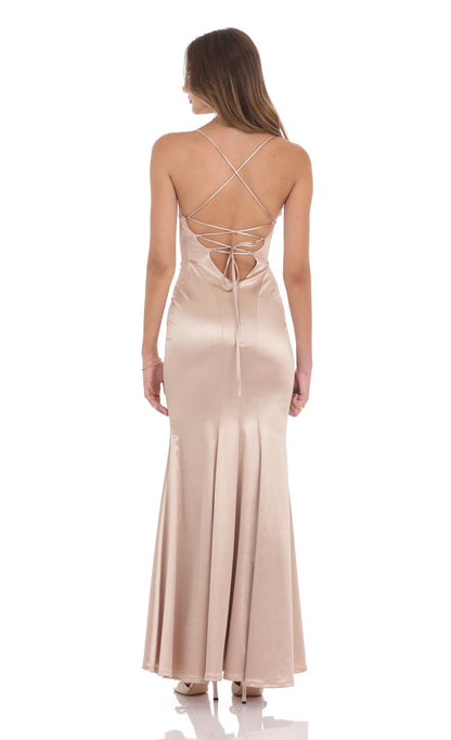 Lucy In The Sky Satin Open Back Mermaid Maxi Dress in Champagne