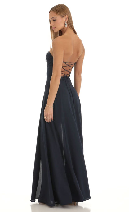 Lucy In The Sky Sequin Bust Crepe Maxi Dress in Dark Blue