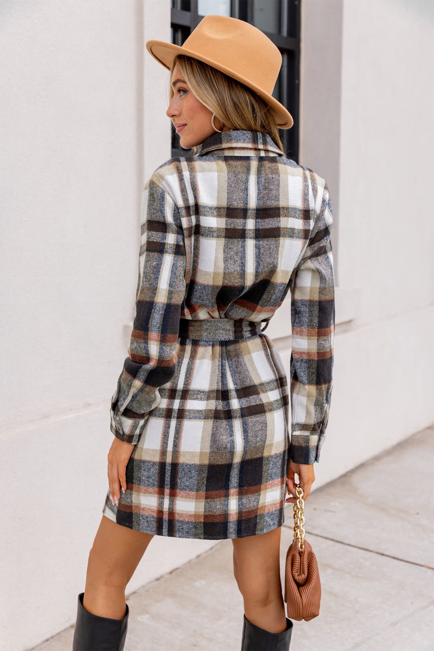 Cupshe Plaid Collared Long Sleeve Front Button Mini Shirt Dress