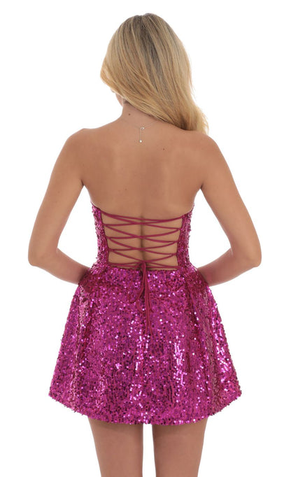 Lucy In The Sky Sequin Strapless Fit and Flare Dress in Magenta