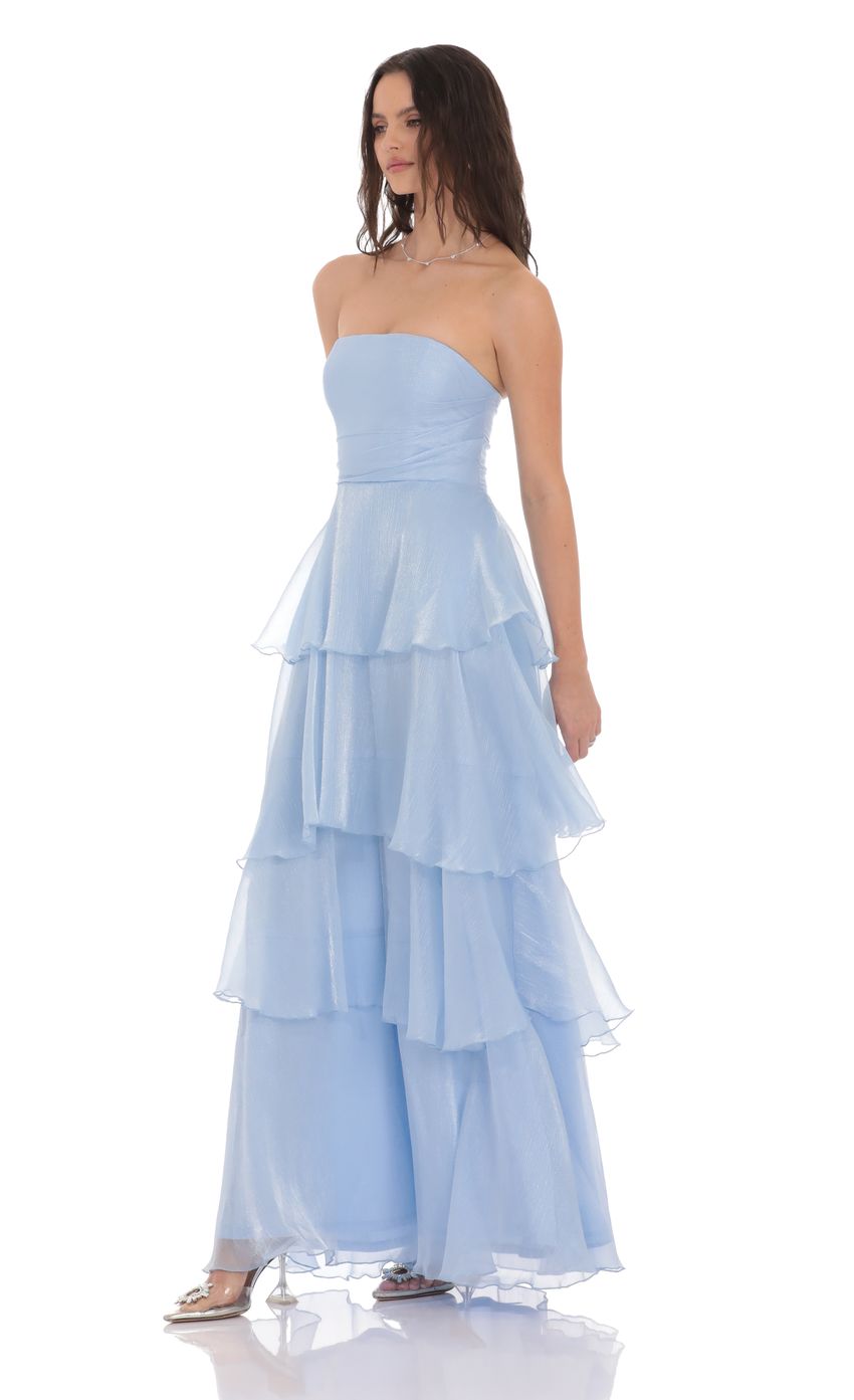 Lucy In The Sky Corset Ruffle Strapless Maxi Dress in Sky Blue