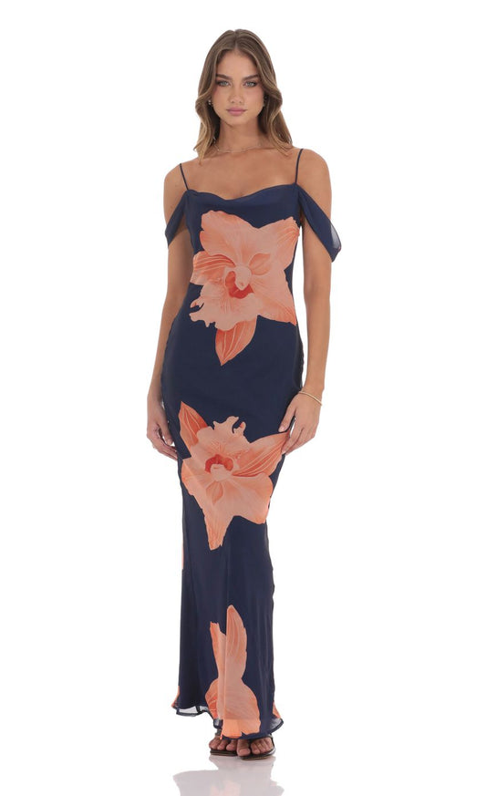 Lucy In The Sky Orange Floral Off Shoulder Maxi Dress in Navy