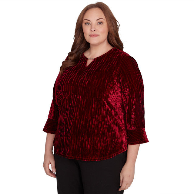 Alfred Dunner Women's Crushed Velvet Beaded Split Neck Top