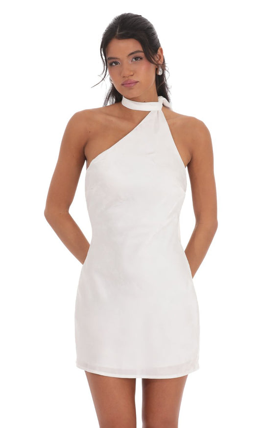 Lucy In The Sky Satin Jacquard Scarf Halter Dress in White