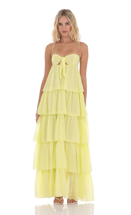 Lucy In The Sky Ruffle Front Tie Maxi Dress in Yellow