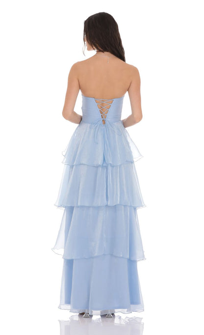 Lucy In The Sky Corset Ruffle Strapless Maxi Dress in Sky Blue