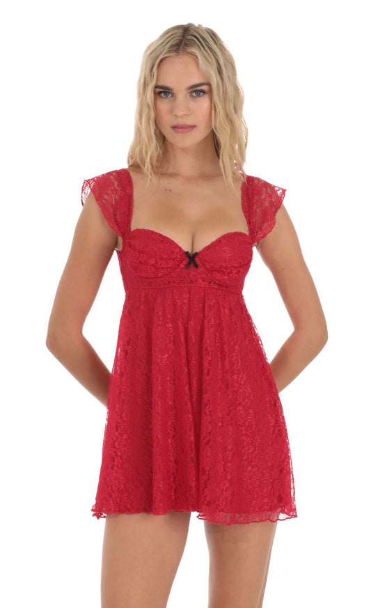 Lucy In The Sky Lace Babydoll Dress in Red
