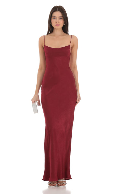 Lucy in the Sky Satin Open Back Maxi Dress in Red