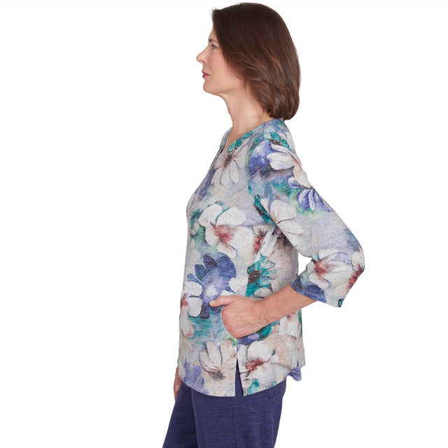 Alfred Dunner Women's Watercolor Floral Melange Top with Pockets