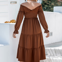 Cupshe Brown Off-Shoulder Smocked Bodice Poet Sleeve Midi Dress