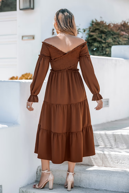 Cupshe Brown Off-Shoulder Smocked Bodice Poet Sleeve Midi Dress