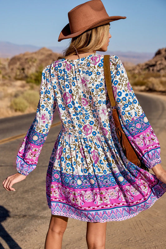 Cupshe Blue & Pink Floral Plunging Puff Sleeve Mini Dress