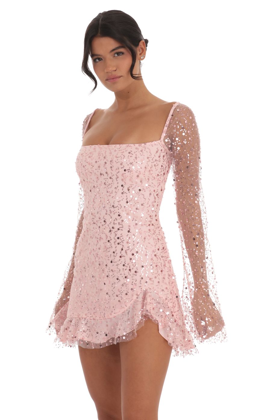 Lucy In The Sky Sequin Flare Long Sleeve Dress in Pink