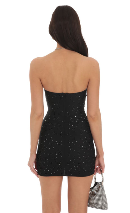 Lucy In The Sky Strapless Mesh Rhinestone Dress in Black