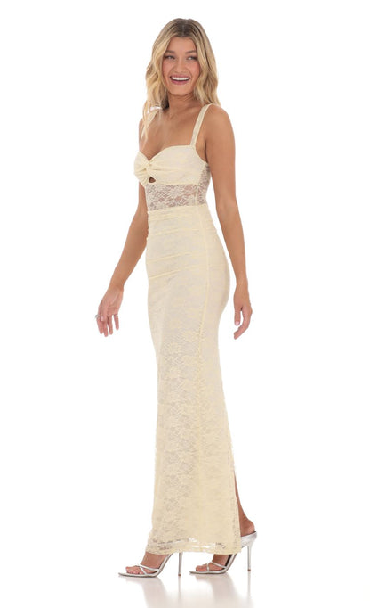 Lucy In The Sky Lace Twist Ruched Maxi Dress in Yellow