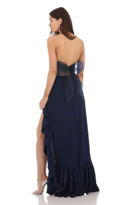 Lucy In The Sky Strapless Back Bow Corset Maxi Dress in Navy