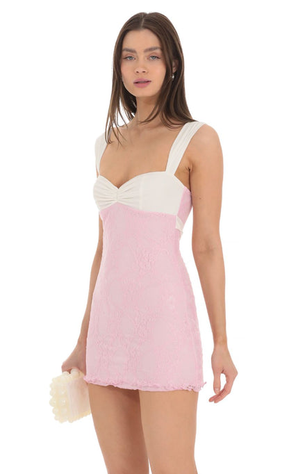 Lucy In The Sky Two Toned Lace Dress in White and Pink