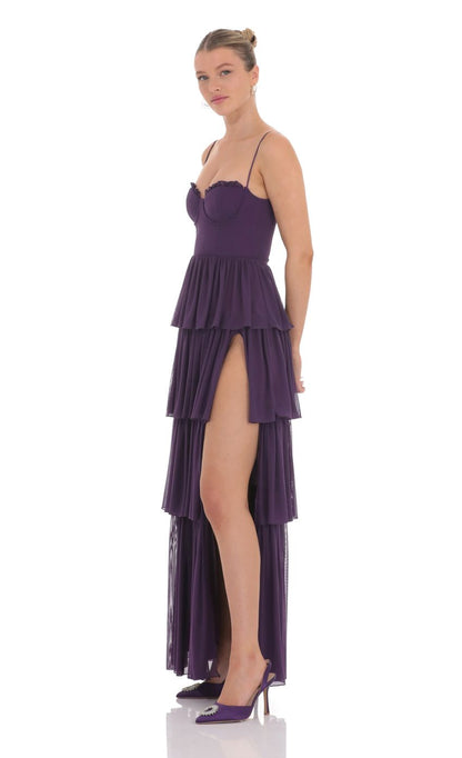Lucy In The Sky Mesh Ruffle Maxi Dress in Dark Purple