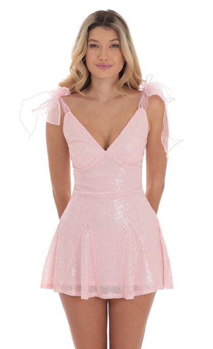 Lucy In The Sky Sequin Shoulder Ties Dress in Pink
