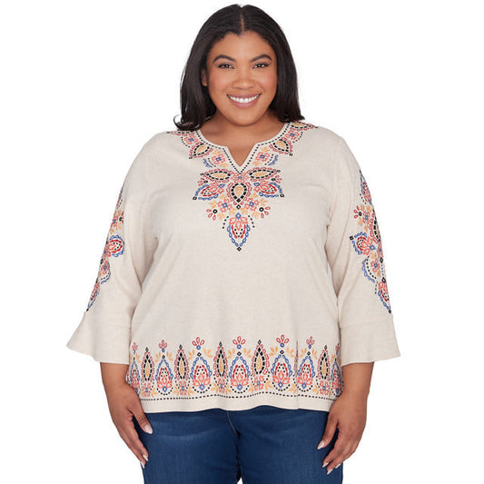 Alfred Dunner Women's Medallion Embroidered Flutter Sleeve Top