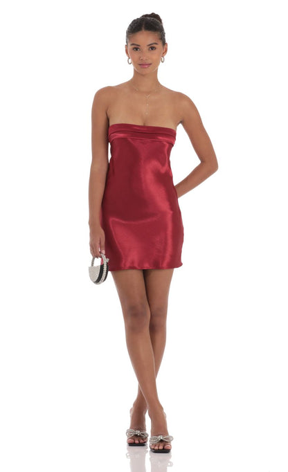 Lucy In The Sky Satin Strapless Slip Dress in Maroon
