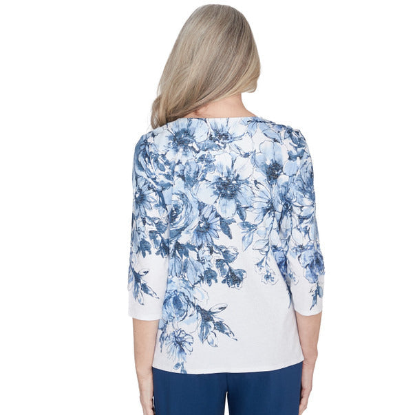 Alfred Dunner Women's Floral Shimmer Three Quarter Sleeve Top