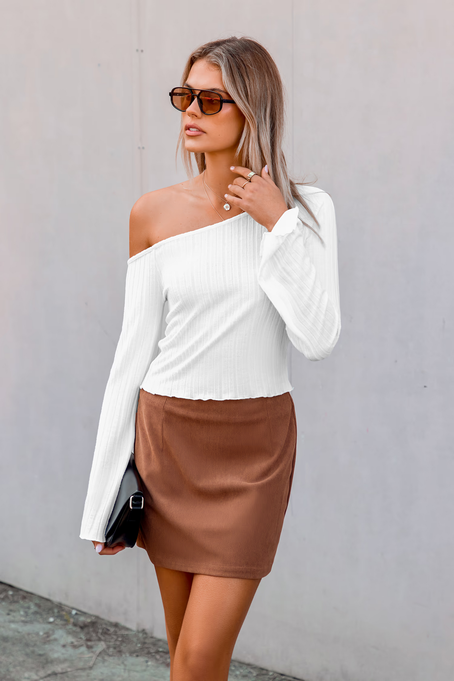 Cupshe White Ribbed Knit Off-Shoulder Long Sleeve Top (x2)