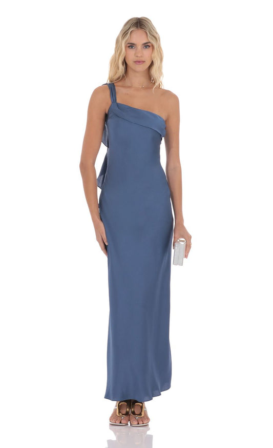 Lucy in the Sky Satin One Shoulder Tassel Maxi Dress in Denim Blue