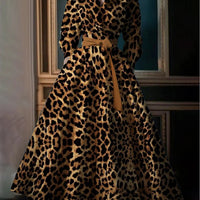 Ursime Leopard Print Stand Collar Long Sleeve Pocket Maxi Dress