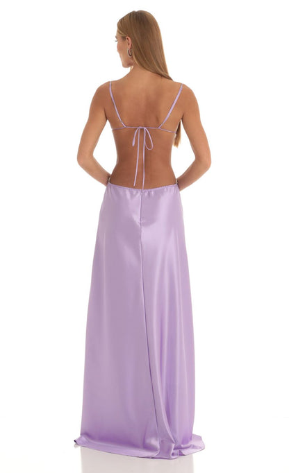 Lucy In The Sky Satin Rhinestone Maxi Dress in Purple
