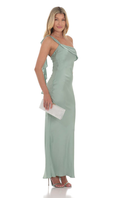 Lucy in the Sky Satin One Shoulder Tassel Maxi Dress in Sage