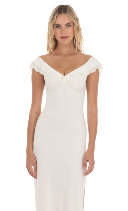 Lucy in the Sky Off Shoulder Twist Maxi Dress in White