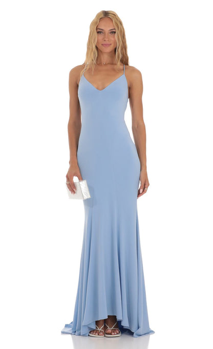 Lucy in the Sky Open Back Maxi Dress in Blue