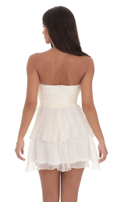 Lucy In The Sky Shimmer Petal Ruffle Strapless Dress in Ivory