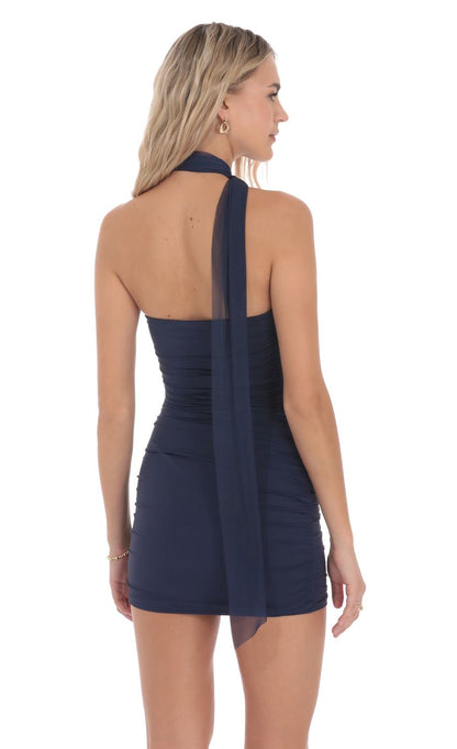 Lucy In The Sky Mesh Scarf Halter Bodycon Dress in Navy