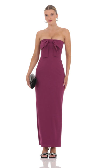 Lucy In The Sky Bow Strapless Maxi Dress in Plum