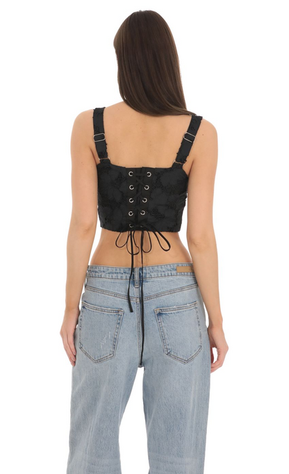Lucy in the Sky Embroidered Floral Pointed Top in Black