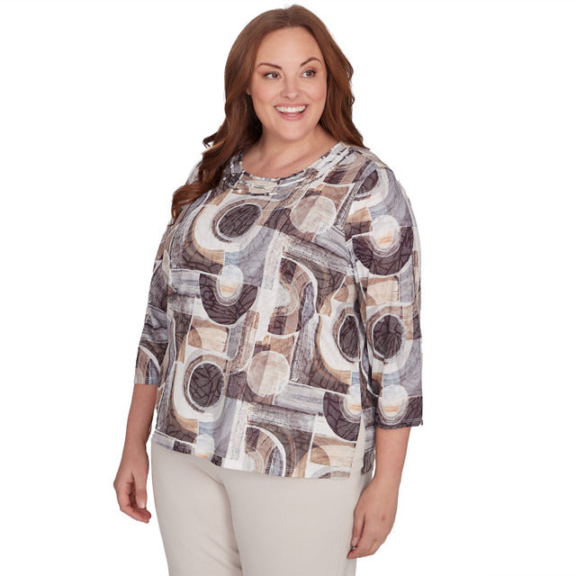 Alfred Dunner Women's Geometric Patch Print Top