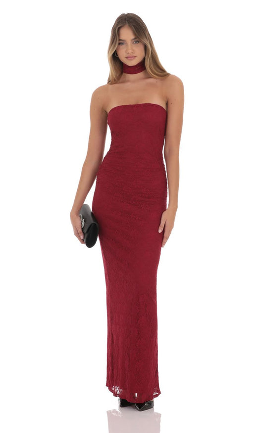 Lucy In The Sky Scarf Lace Maxi Dress in Maroon