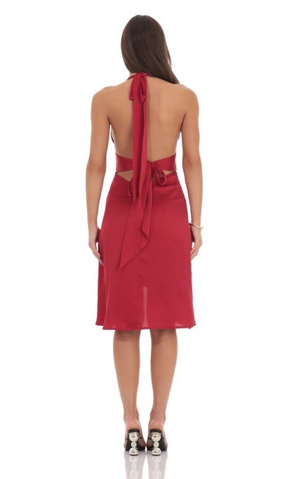 Lucy In The Sky Satin Ruffle Slit Dress in Red